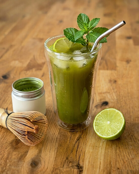 Ein eiskalter Matcha Eistee mit Limette und Minze im Glas, daneben Matcha-Pulver, Bambusbesen und eine Limettenhälfte.