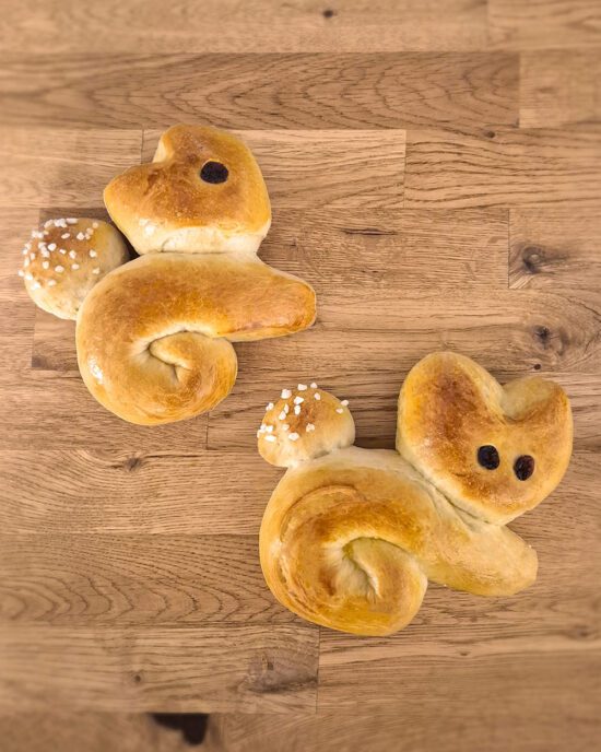 Zwei Zopfhasen auf Holzuntergrund