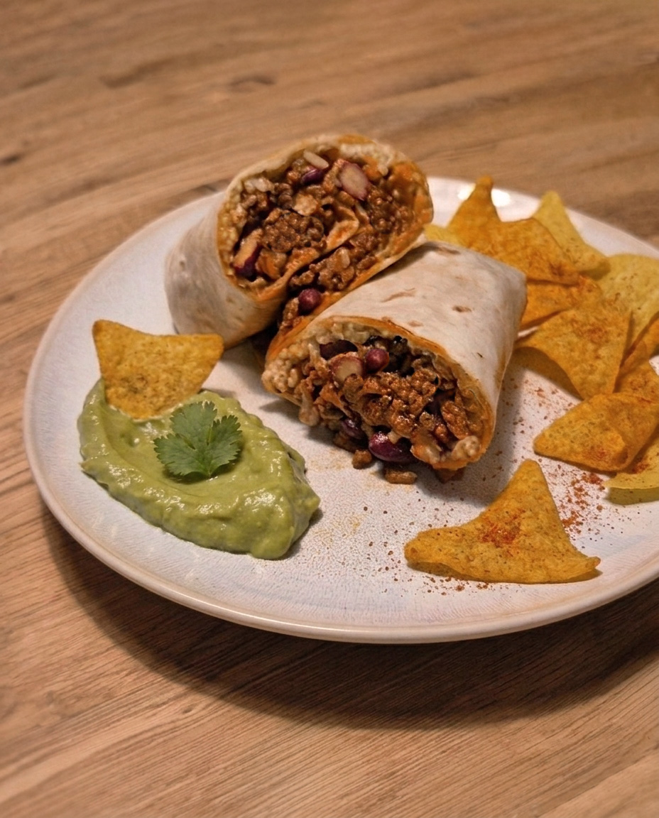 Burrito gefüllt mit Hackfleisch, Bohnen und Reis, serviert mit Tortilla-Chips und Guacamole auf einem Teller.