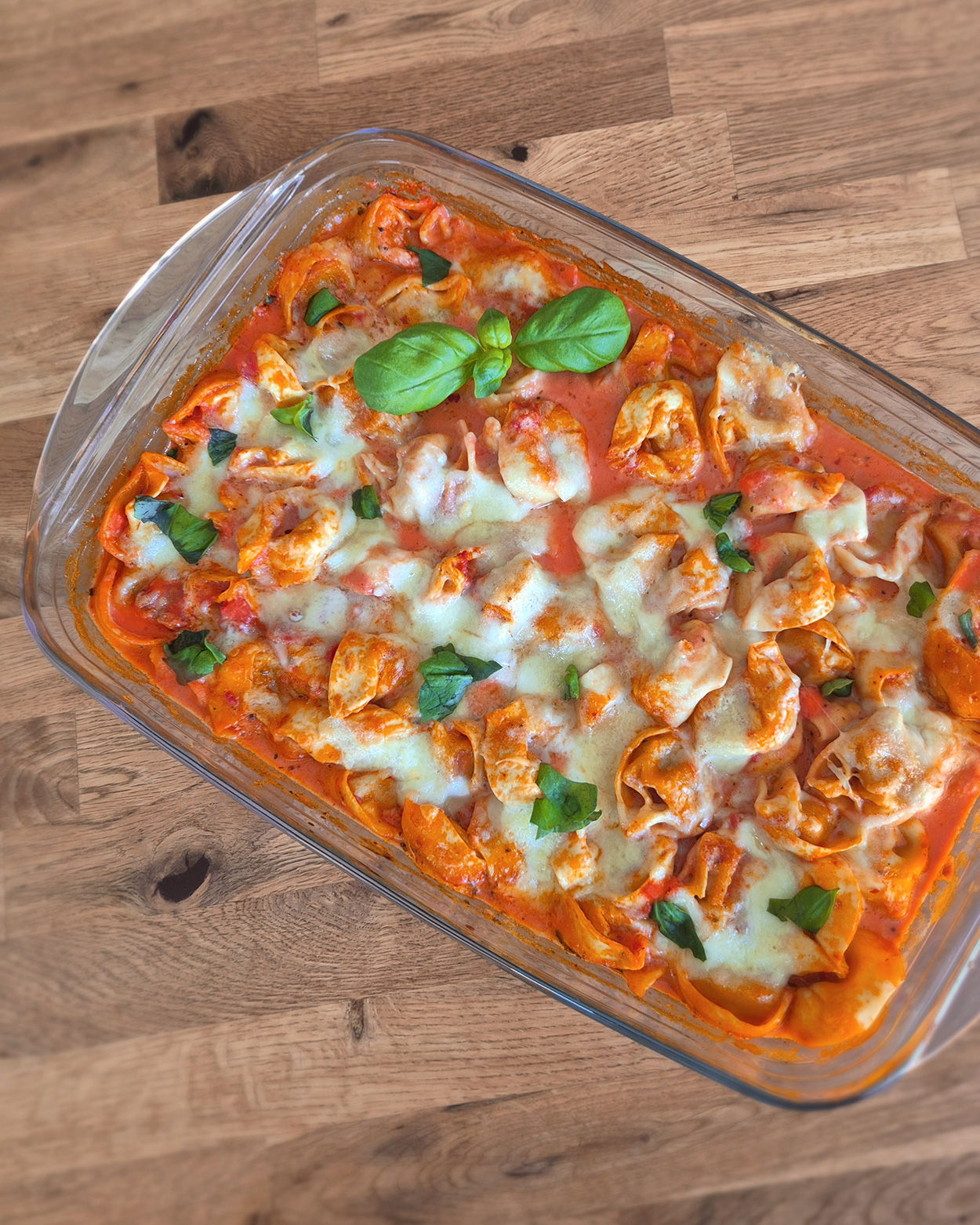 Tortellini-Auflauf mit Tomatensahnesauce und Käse überbacken in der Auflaufform, mit Mozzarella und Parmesan, cremig-orange und mit Basilikum.