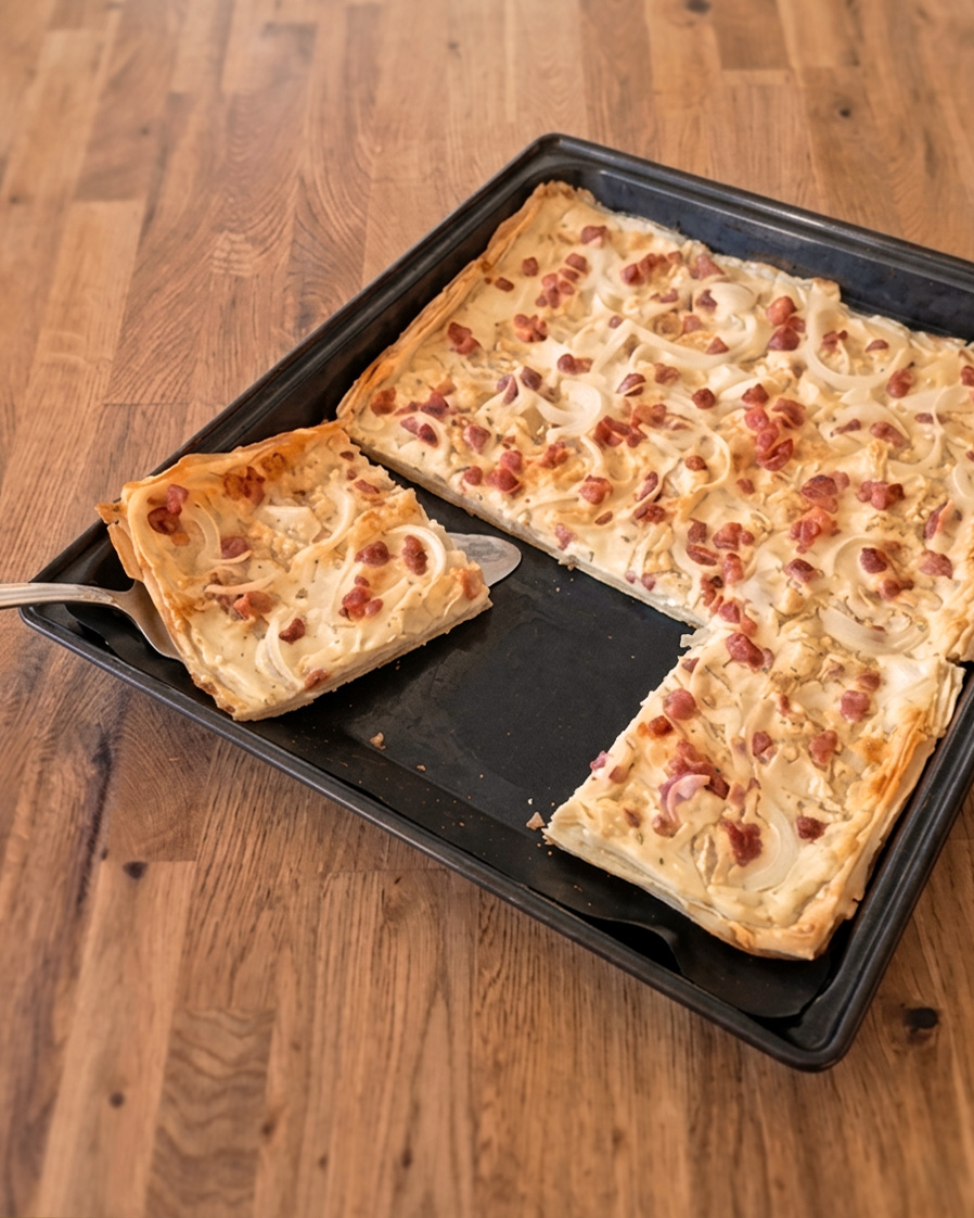 Yufka-Flammkuchen mit Zwiebeln und Speck, goldbraun gebacken auf einem Backblech; rechteckige Stücke, knuspriger Teig – Bettys Küchenschätze