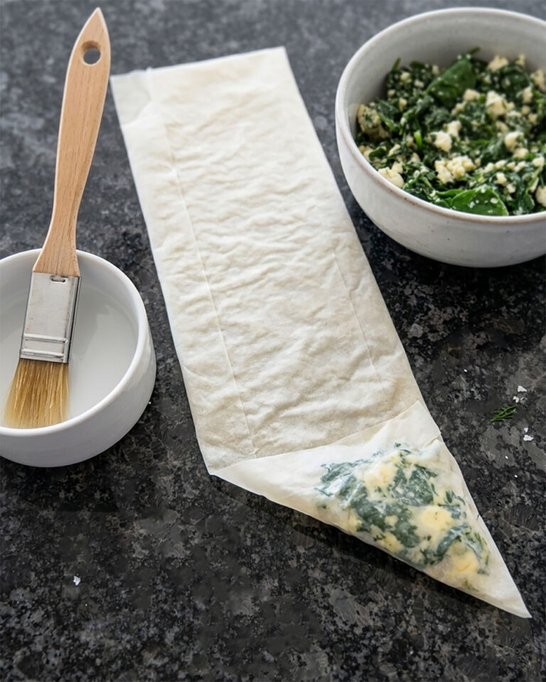 Spanakopita Dreiecke falten, daneben Pinsel und eine Schüssel mit Wasser sowie eine Schüssel mit Spinat-Feta-Füllung